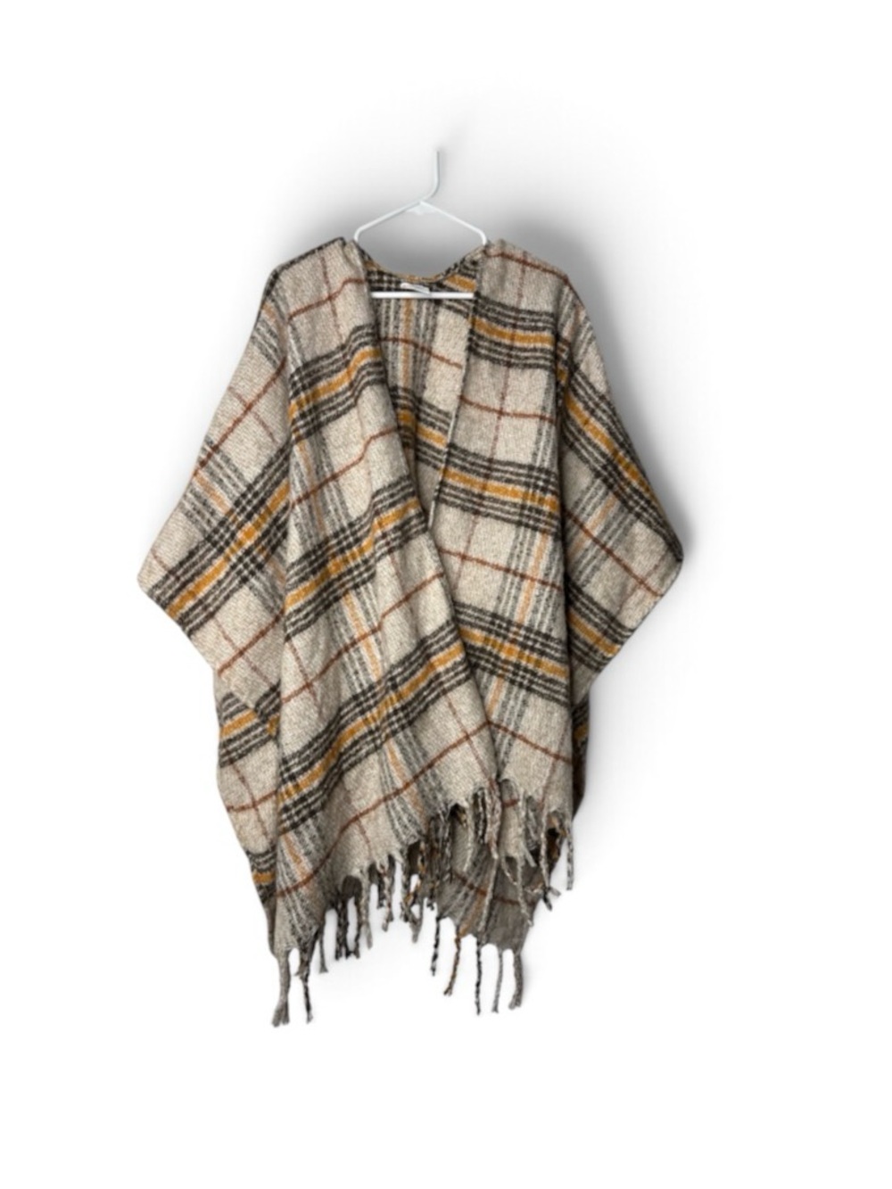 Woolrich Blanket Wrap Poncho Shawl Women's Yellow Brown Plaid Cabincore Fringe